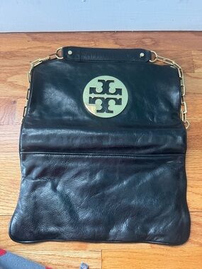 Tory Burch Black Leather Shoulder Bag with Gold Logo